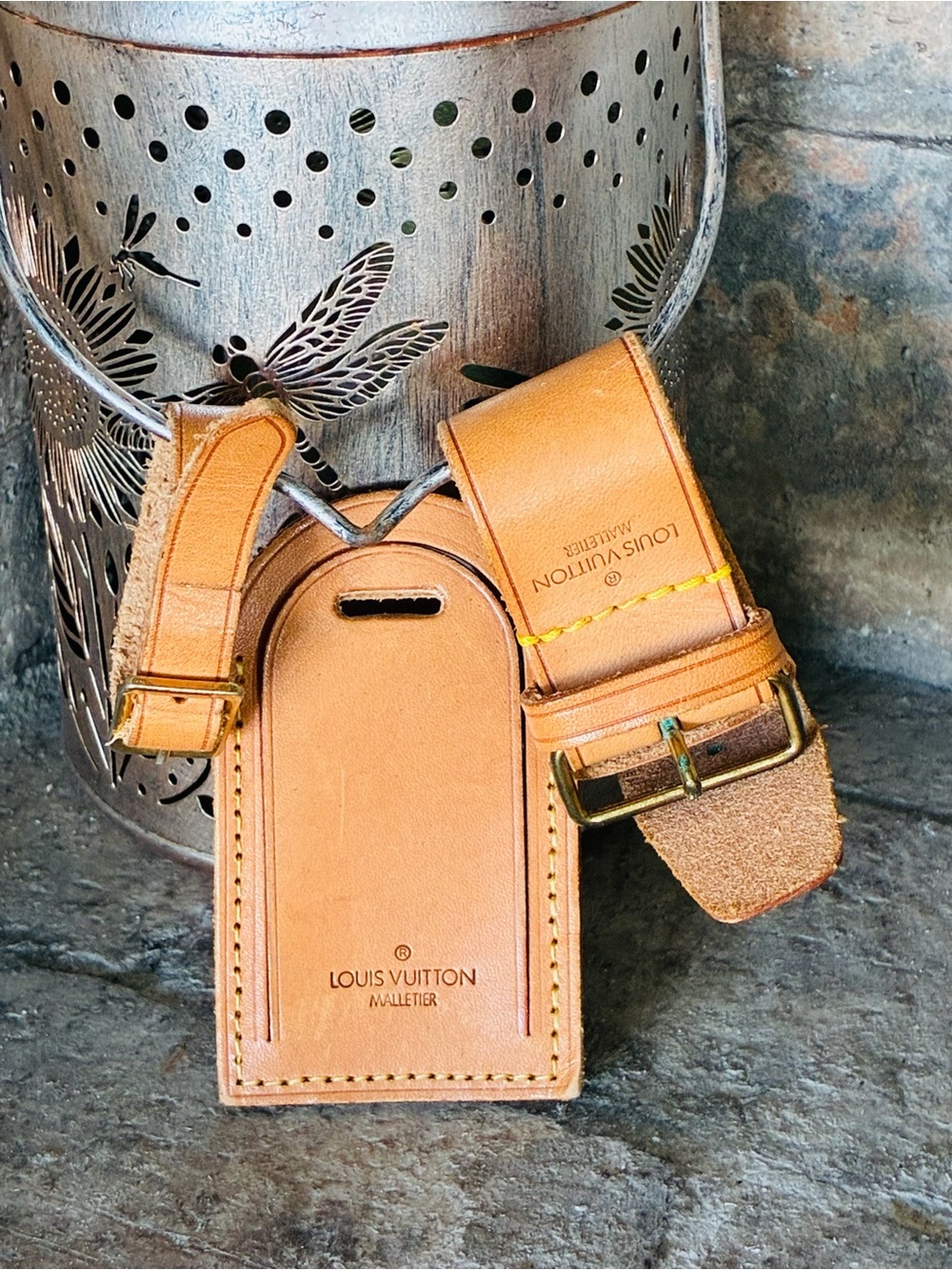 Vintage Louis Vuitton Vachetta Leather Luggage Tag & Poignet Handle Keeper Set - Picture 8 of 17